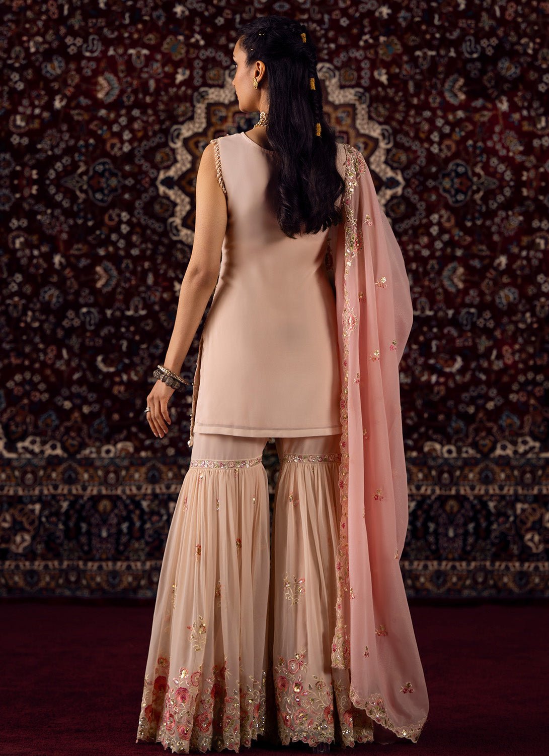 Nude and Pink Embroidered Georgette Gharara - Lashkaraa