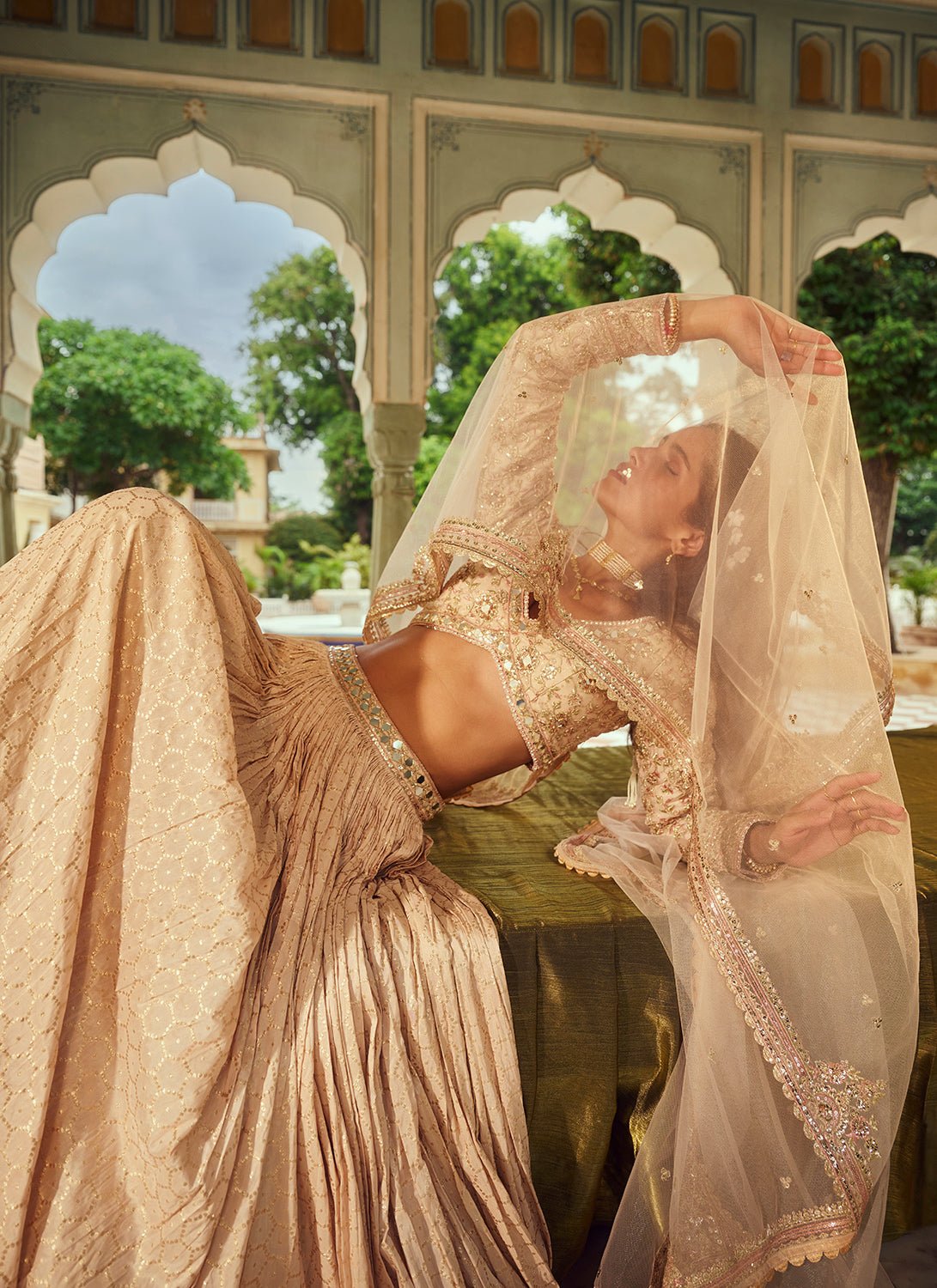 Nude Embroidered Brocade Lehenga - Lashkaraa