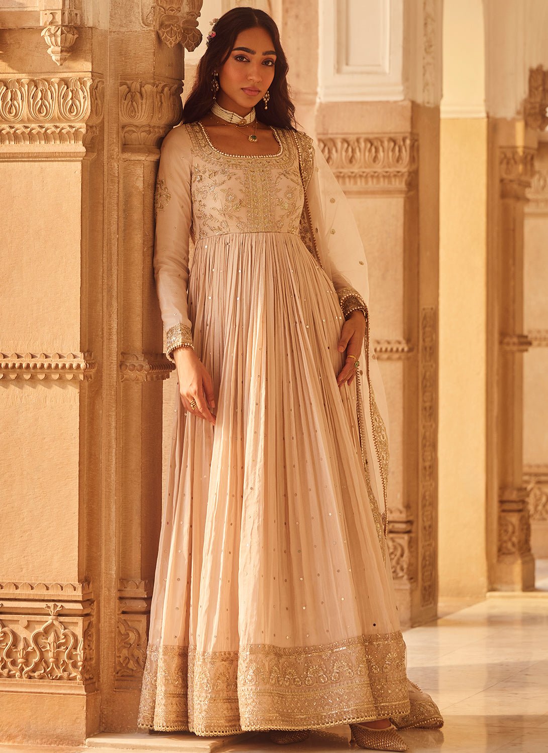 Nude Embroidered Tissue Anarkali - Lashkaraa