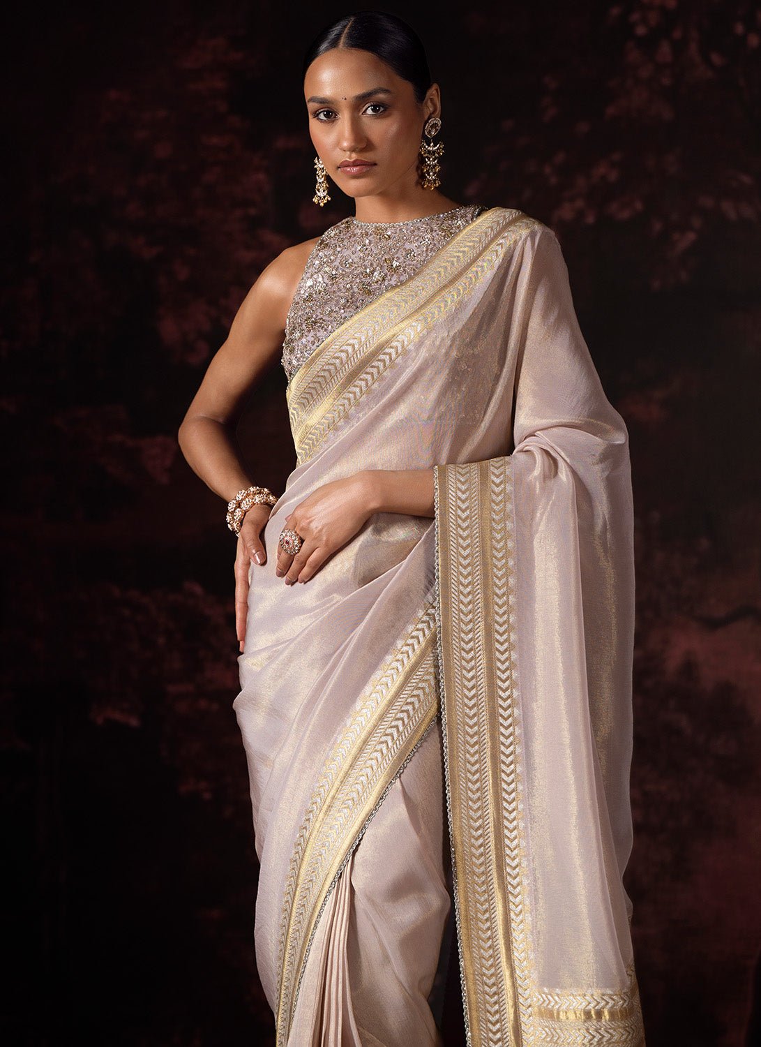 Nude Embroidered Tissue Saree - Lashkaraa