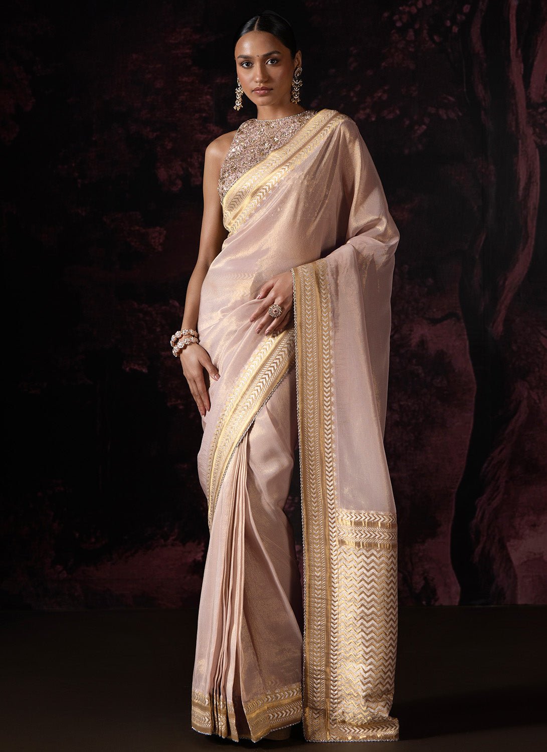 Nude Embroidered Tissue Saree - Lashkaraa