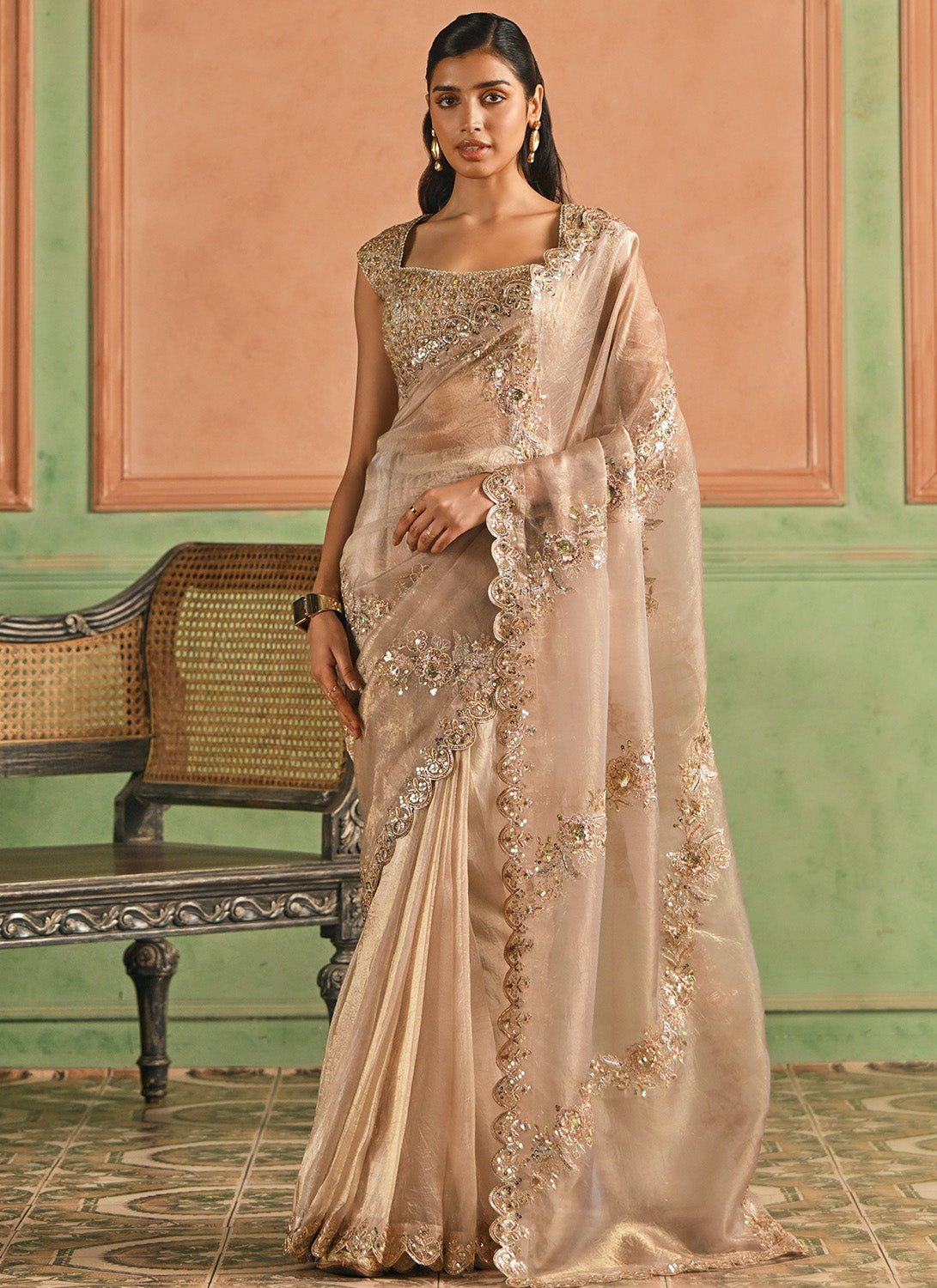 Nude Gold Embroidered Silk Saree - Lashkaraa