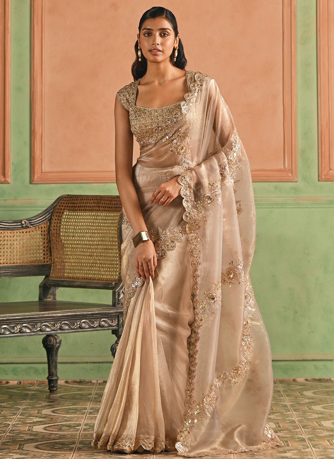 Nude Gold Embroidered Silk Saree - Lashkaraa
