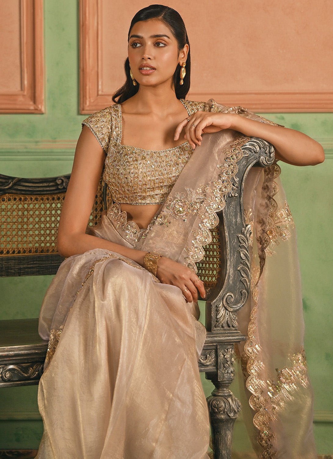 Nude Gold Embroidered Silk Saree - Lashkaraa