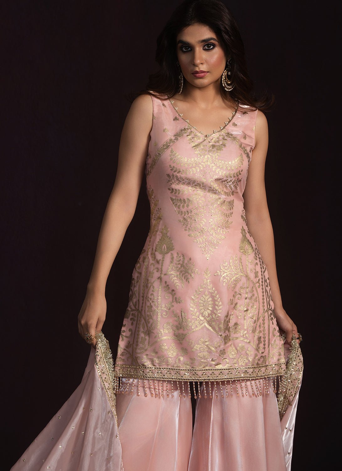 Nude Pink Embroidered Organza Gharara - Lashkaraa
