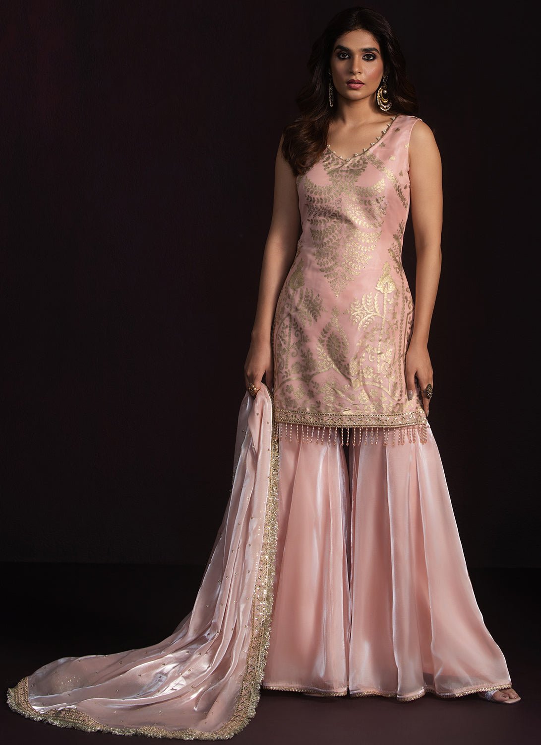 Nude Pink Embroidered Organza Gharara - Lashkaraa