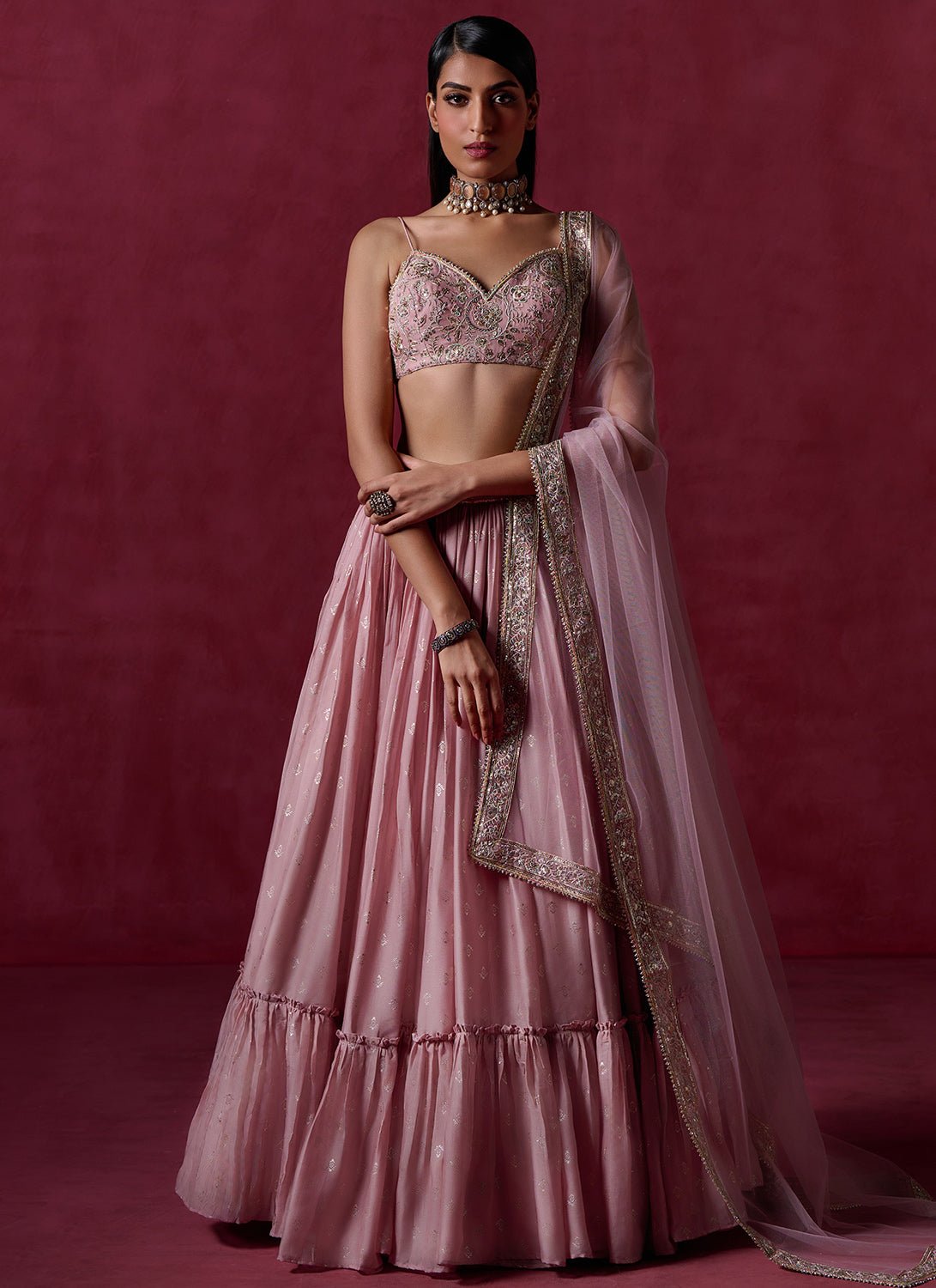 Nude Pink Embroidered Silk Lehenga - Lashkaraa