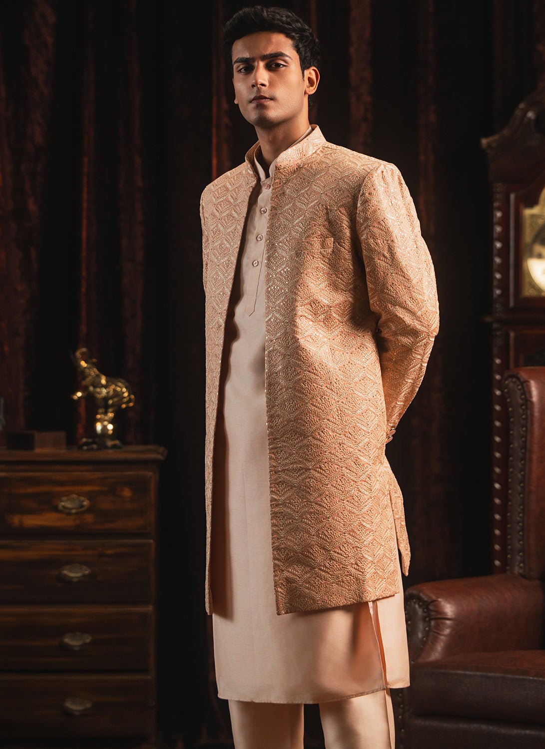 Nude Pink Embroidered Silk Sherwani Set - Lashkaraa