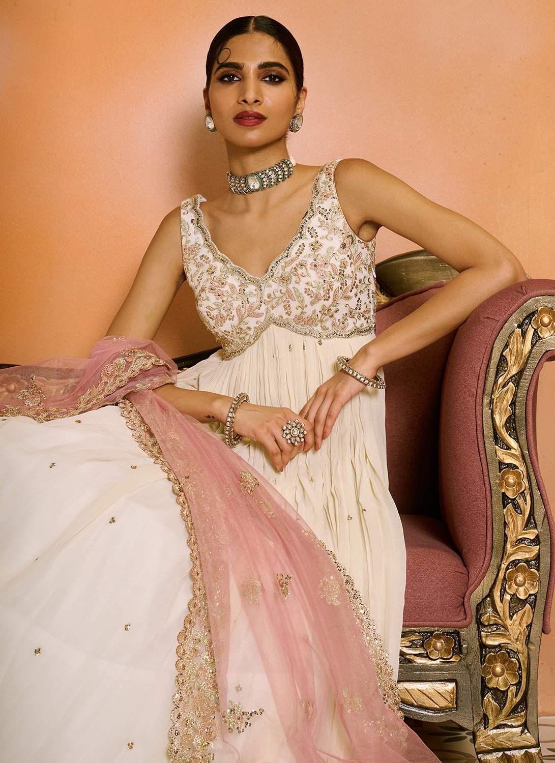 Off White and Light Pink Embroidered Anarkali - Lashkaraa