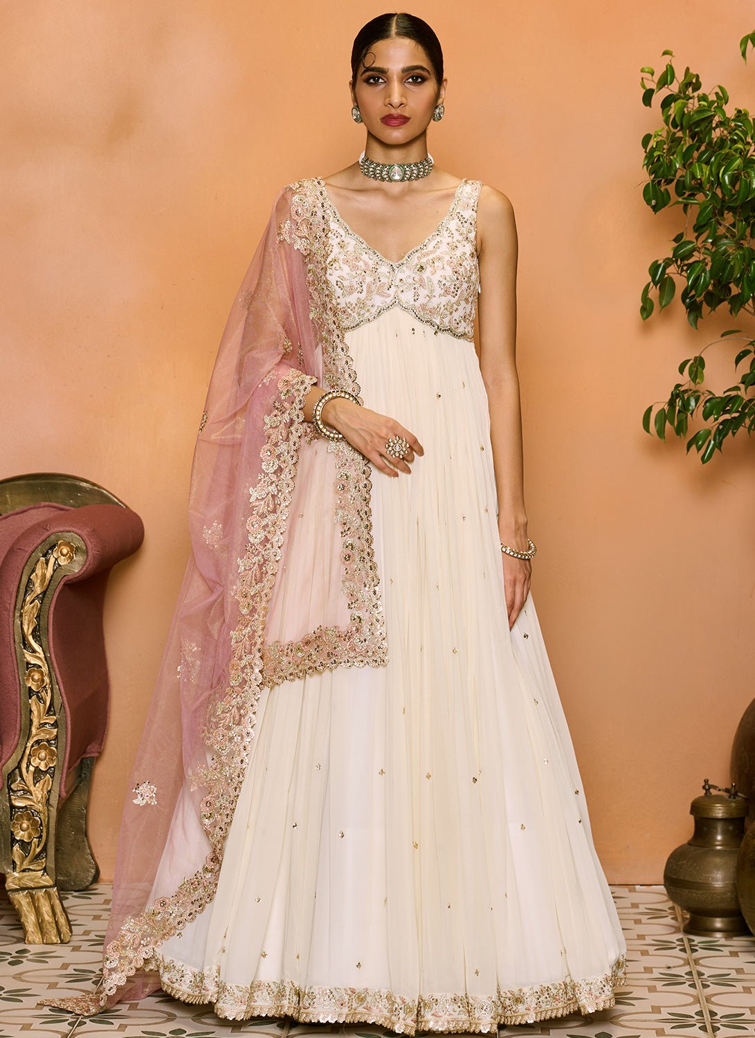 Off White and Light Pink Embroidered Anarkali - Lashkaraa