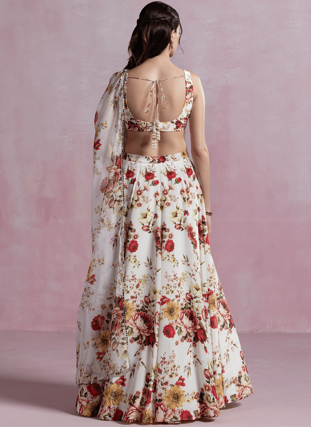 Off White and Maroon Floral Printed Crepe Lehenga - Lashkaraa