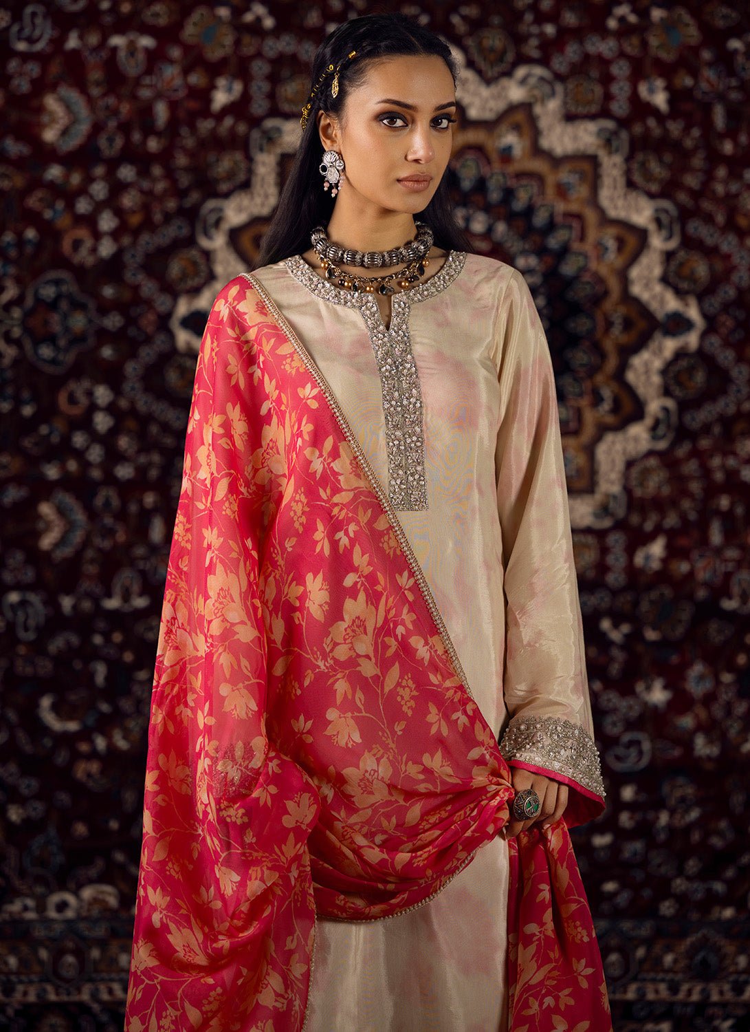 Off White and Pink Embroidered Silk Satin Palazzo Suit - Lashkaraa