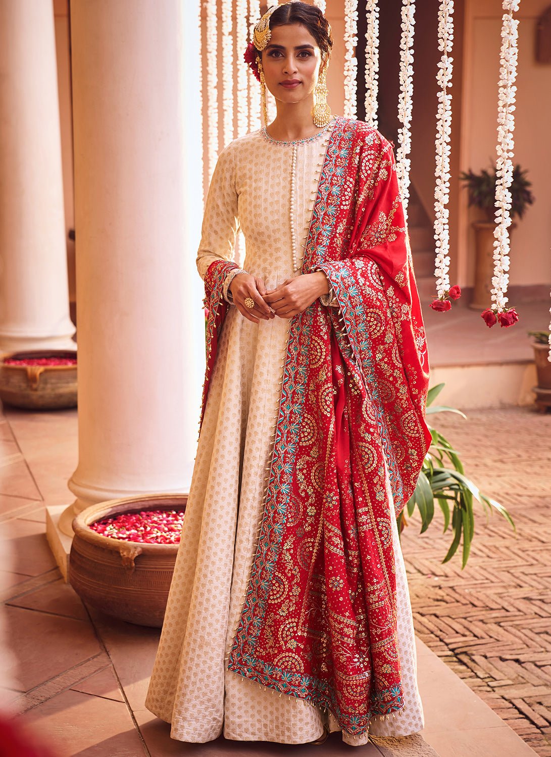 Off White and Red Embroidered Anarkali - Lashkaraa