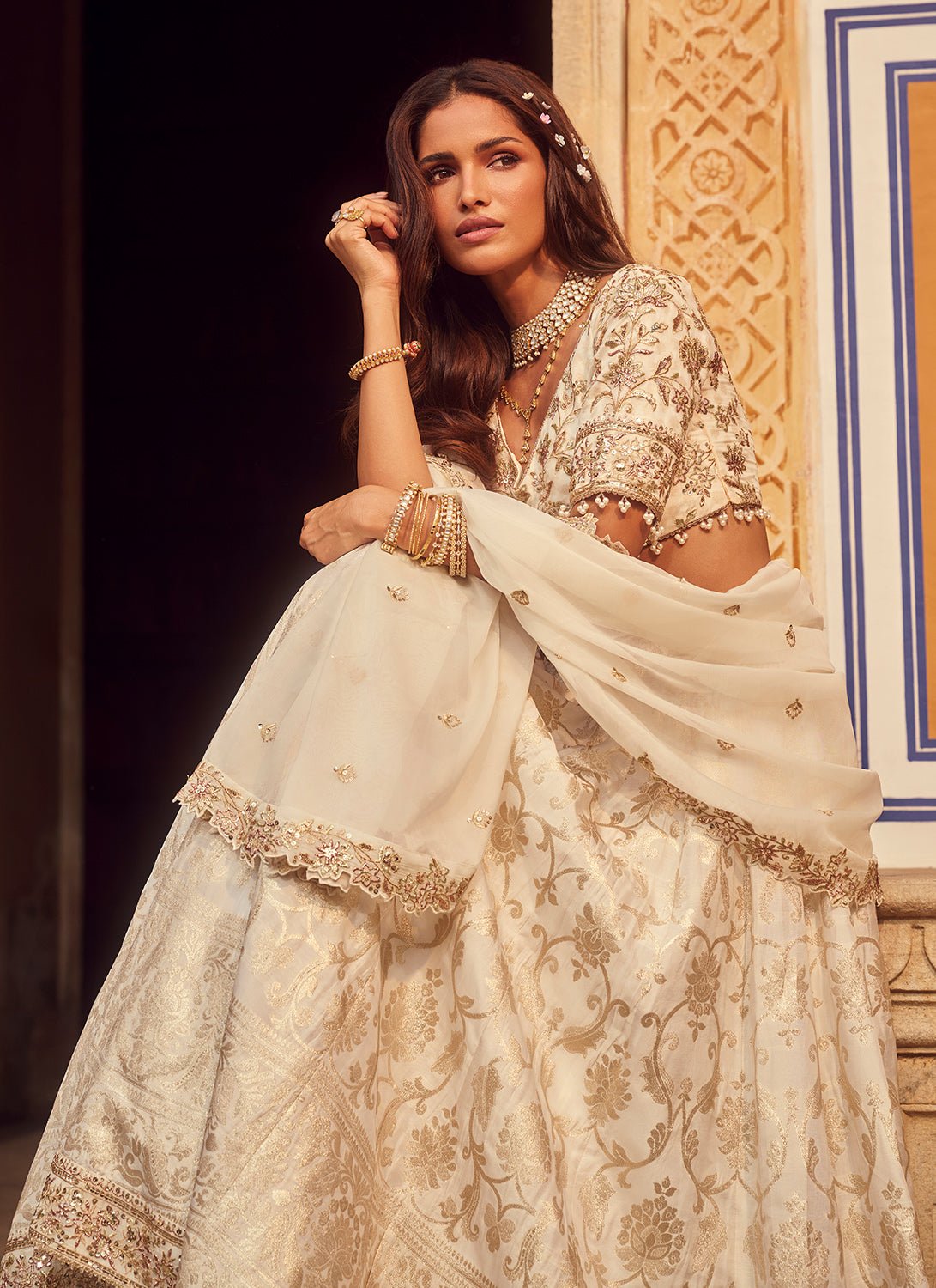 Off White Embroidered Brocade Lehenga - Lashkaraa
