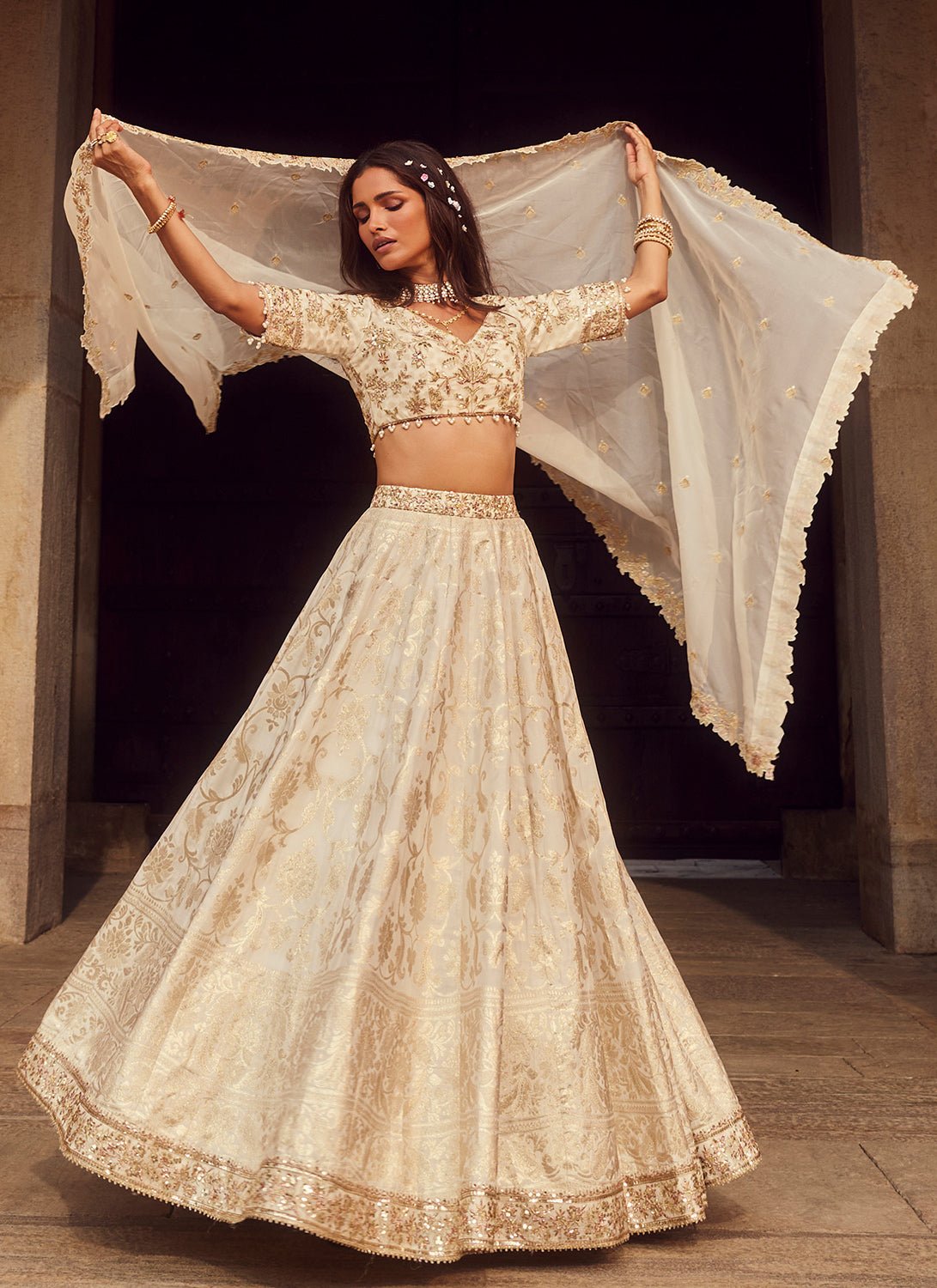 Off White Embroidered Brocade Lehenga - Lashkaraa