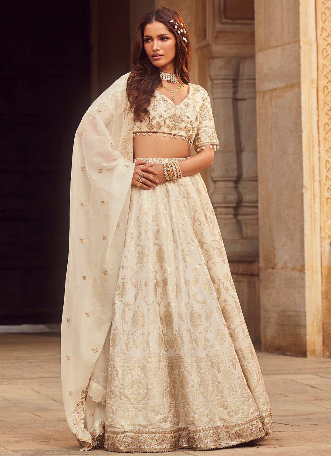 Off White Embroidered Brocade Lehenga - Lashkaraa