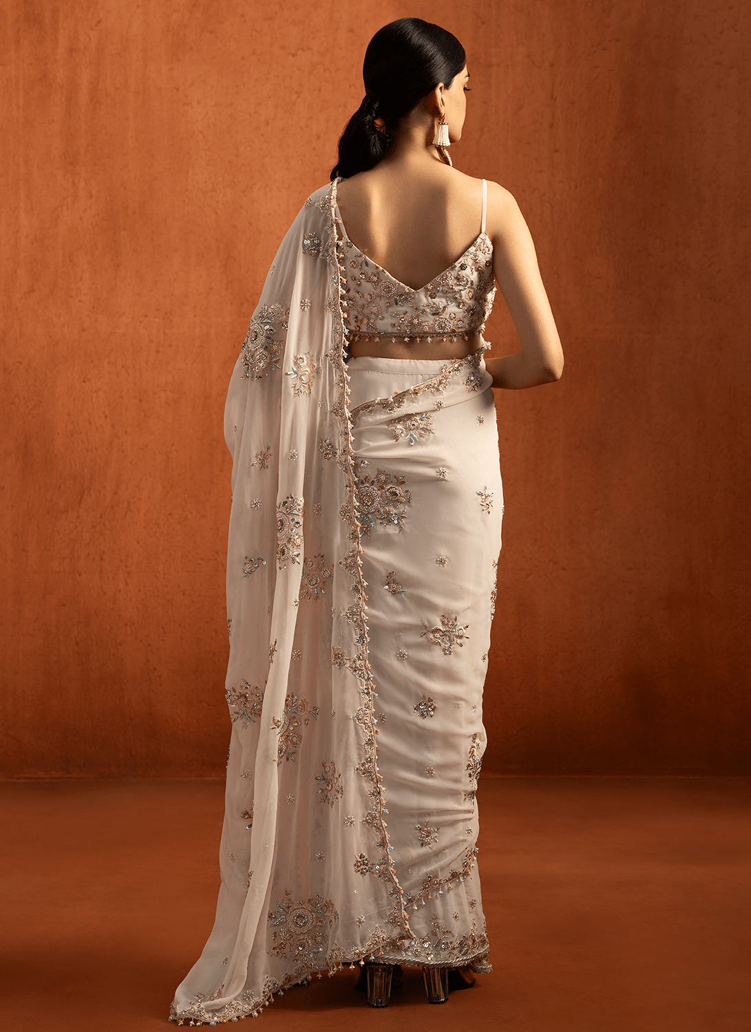 Off White Embroidered Georgette Saree - Lashkaraa