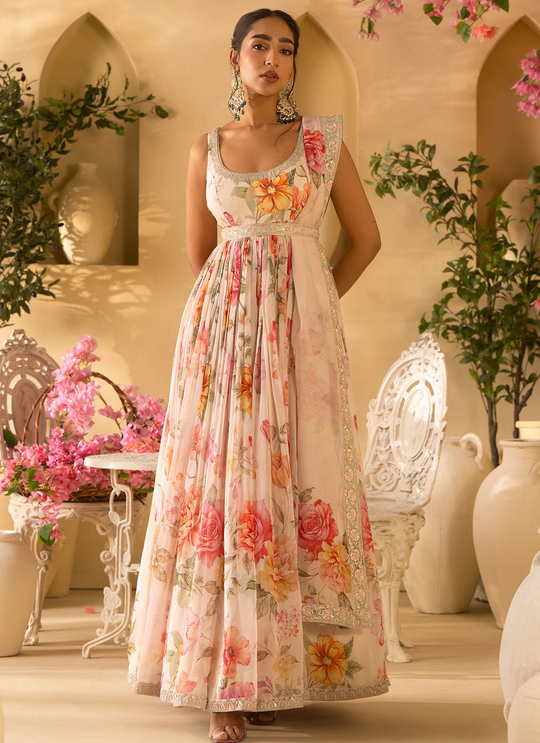 Off White Floral Embroidered Organza Anarkali - Lashkaraa