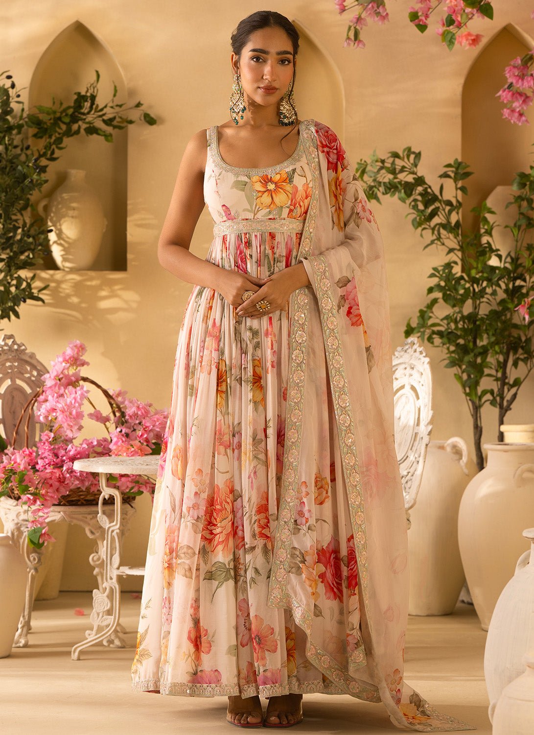 Off White Floral Embroidered Organza Anarkali - Lashkaraa