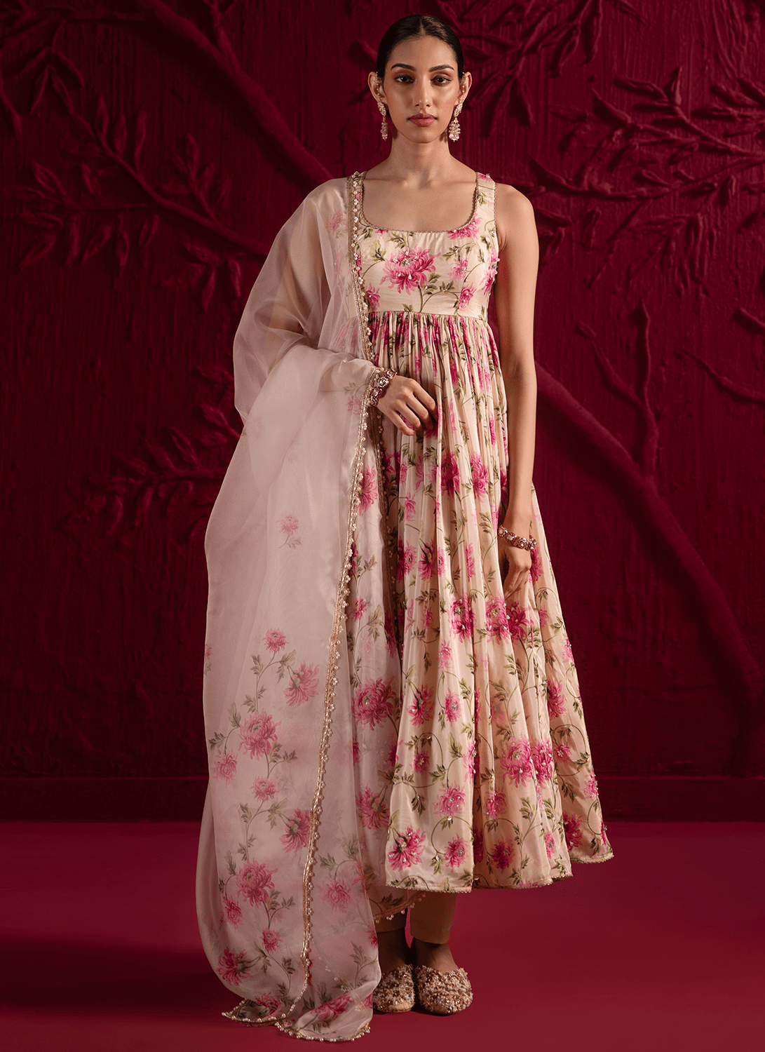 Off White Floral Embroidered Silk Anarkali