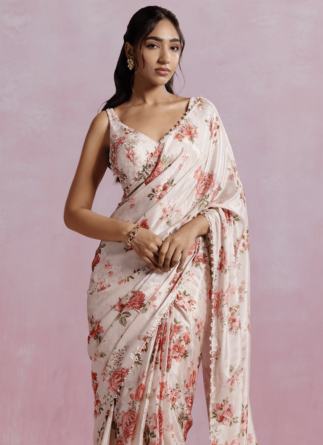 Off White Floral Printed Chinon Chiffon Saree - Lashkaraa