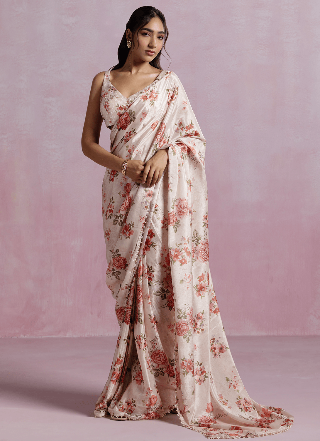Off White Floral Printed Chinon Chiffon Saree - Lashkaraa