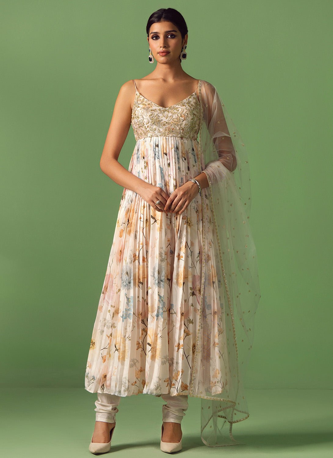 urban outfitters green floral wrap dress Light Green Embroidered Peplum Style Gharara Suit main image 1