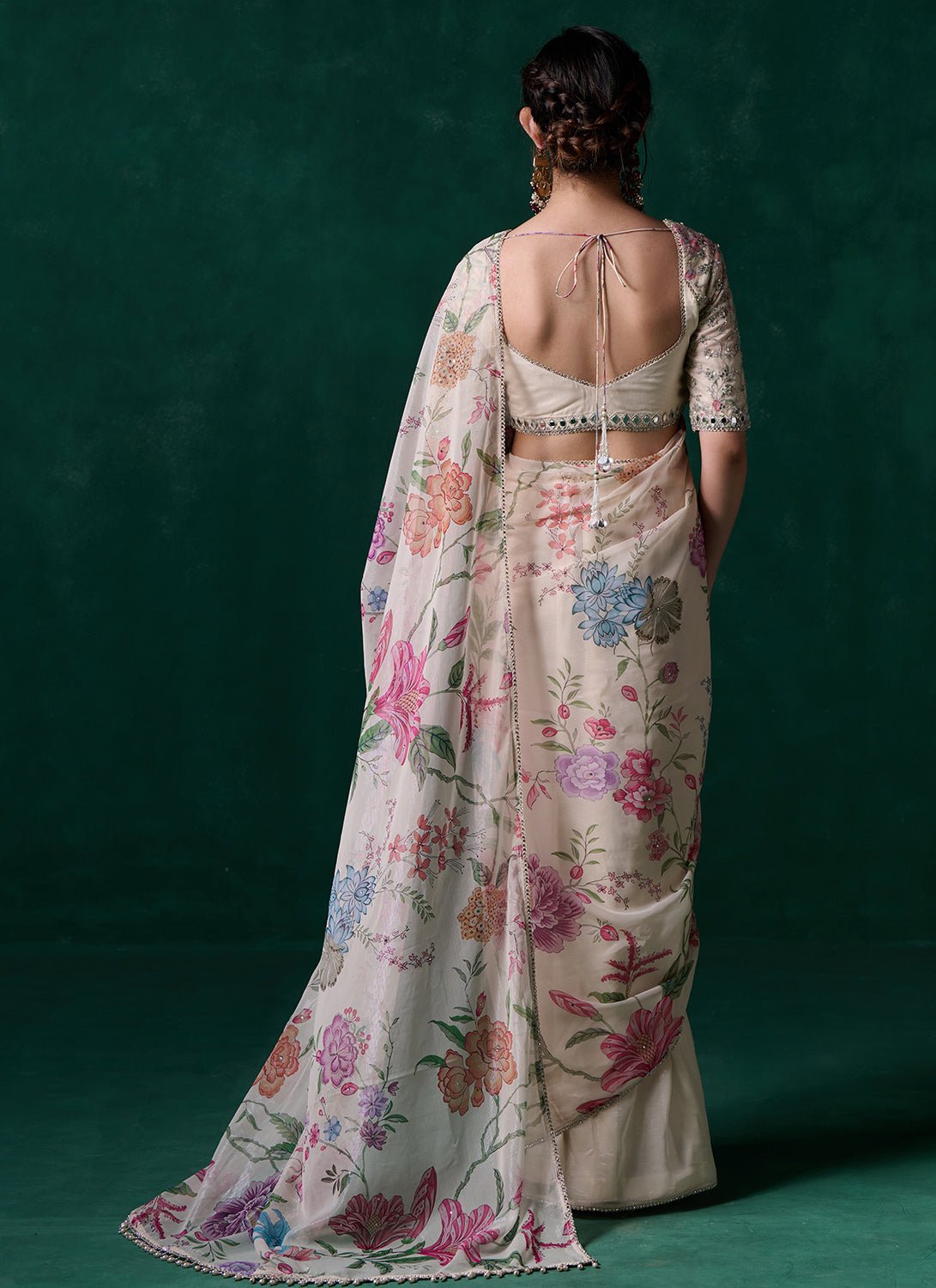 Off White Multicolor Floral Printed Saree - Lashkaraa