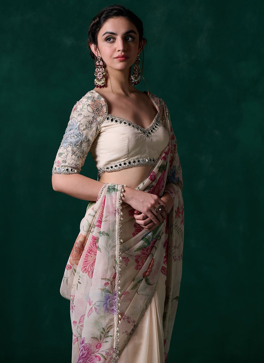 Off White Multicolor Floral Printed Saree - Lashkaraa