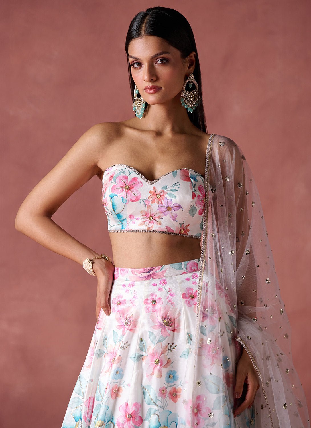 Off White Multicolor Floral Strapless Lehenga - Lashkaraa
