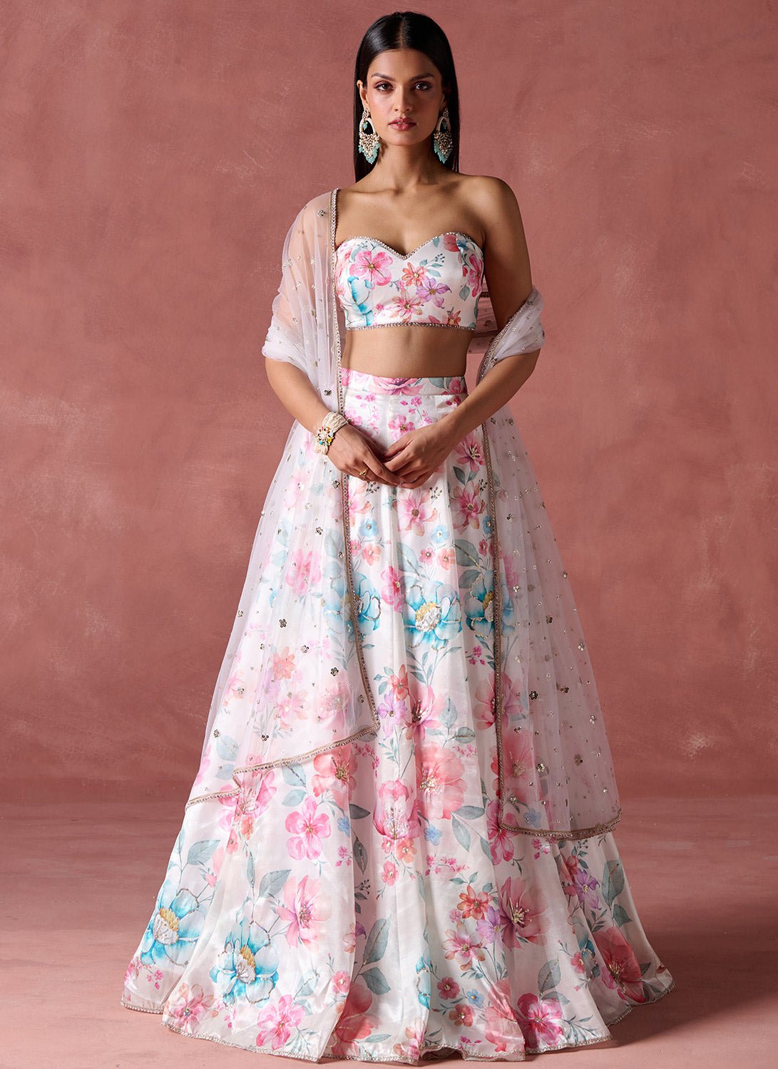Off White Multicolor Floral Strapless Lehenga - Lashkaraa
