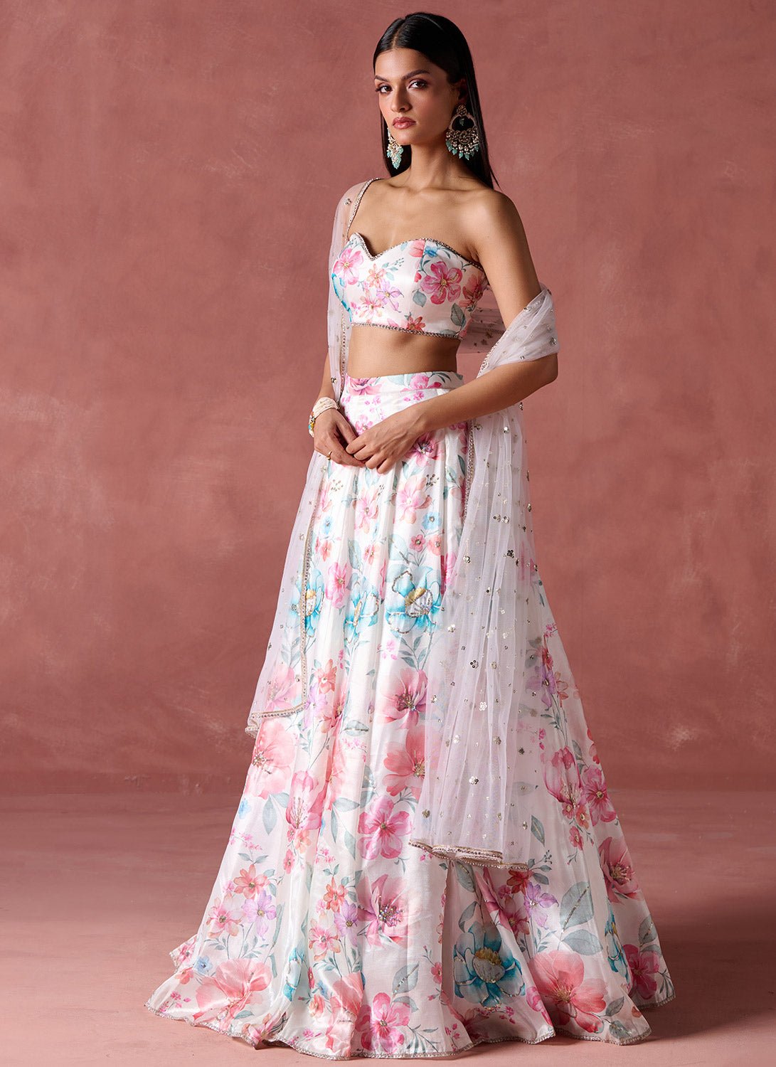 Off White Multicolor Floral Strapless Lehenga - Lashkaraa