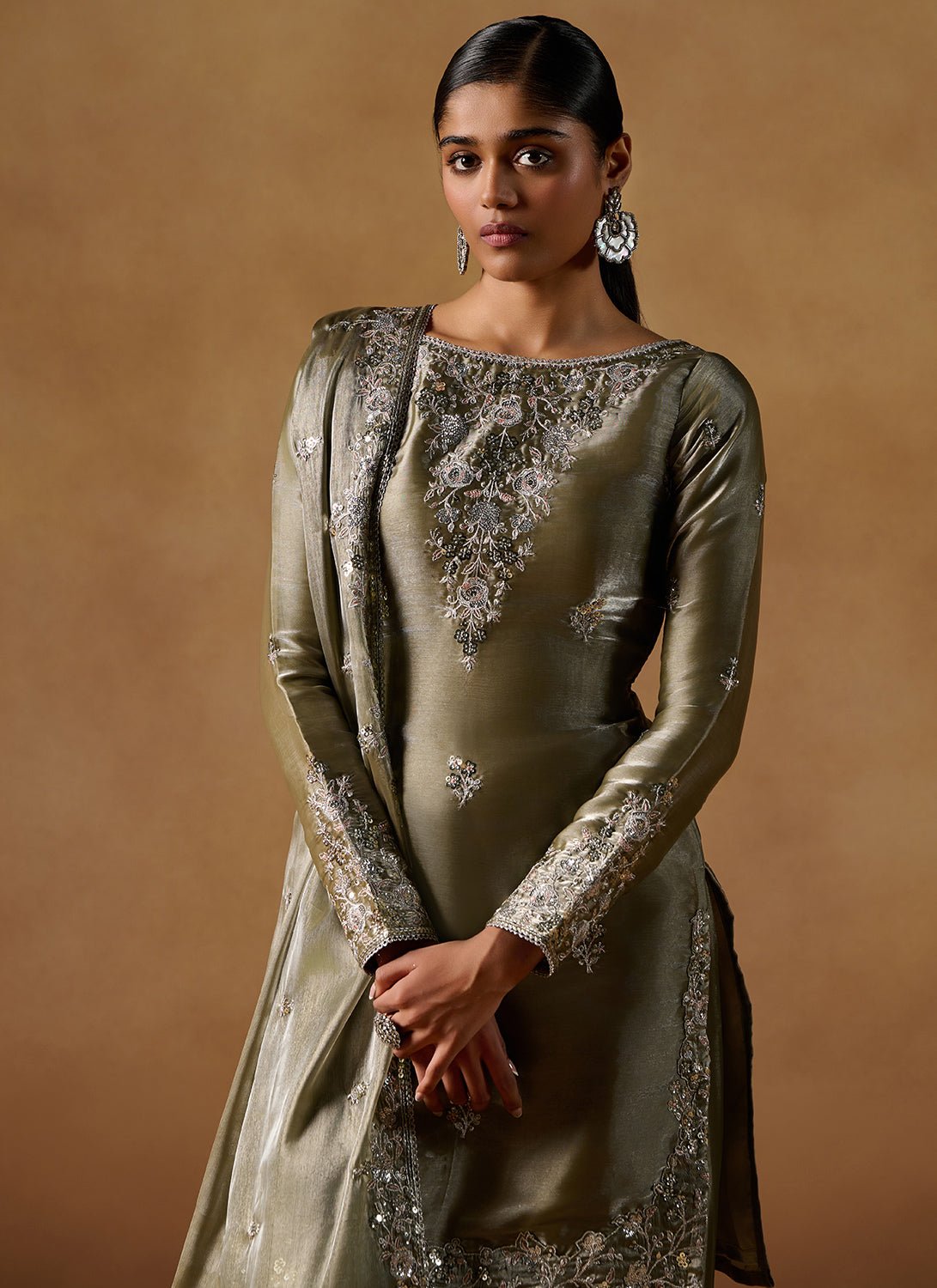 Olive Embroidered Tissue Straight Suit - Lashkaraa