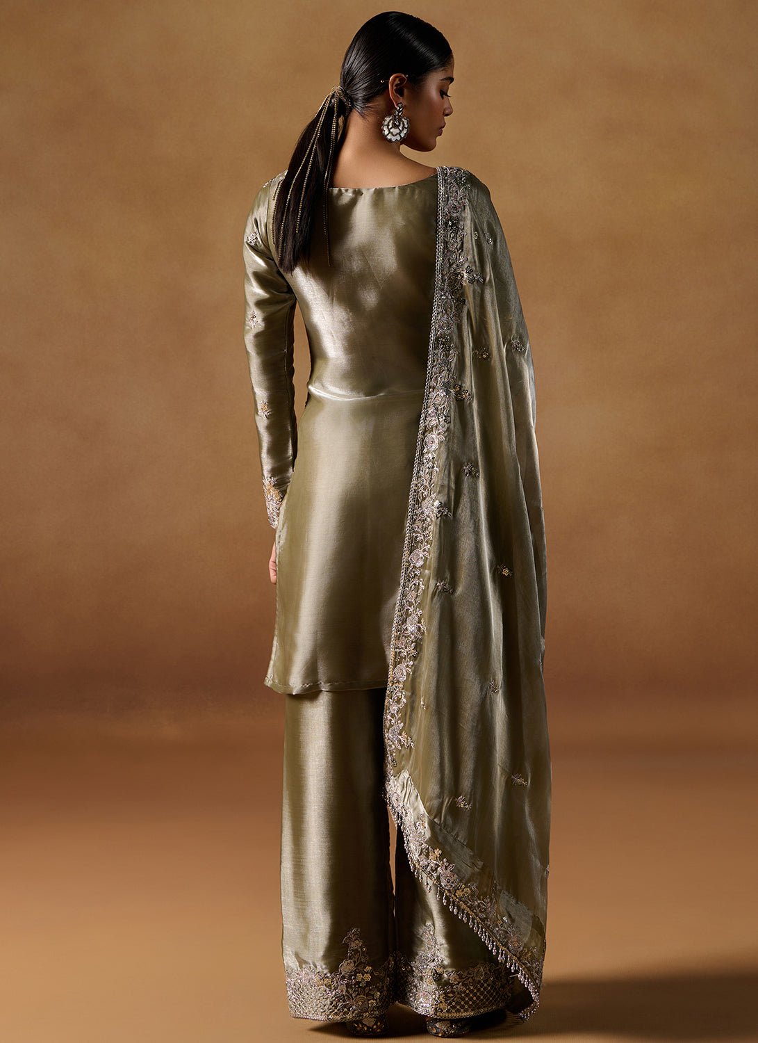 Olive Embroidered Tissue Straight Suit - Lashkaraa
