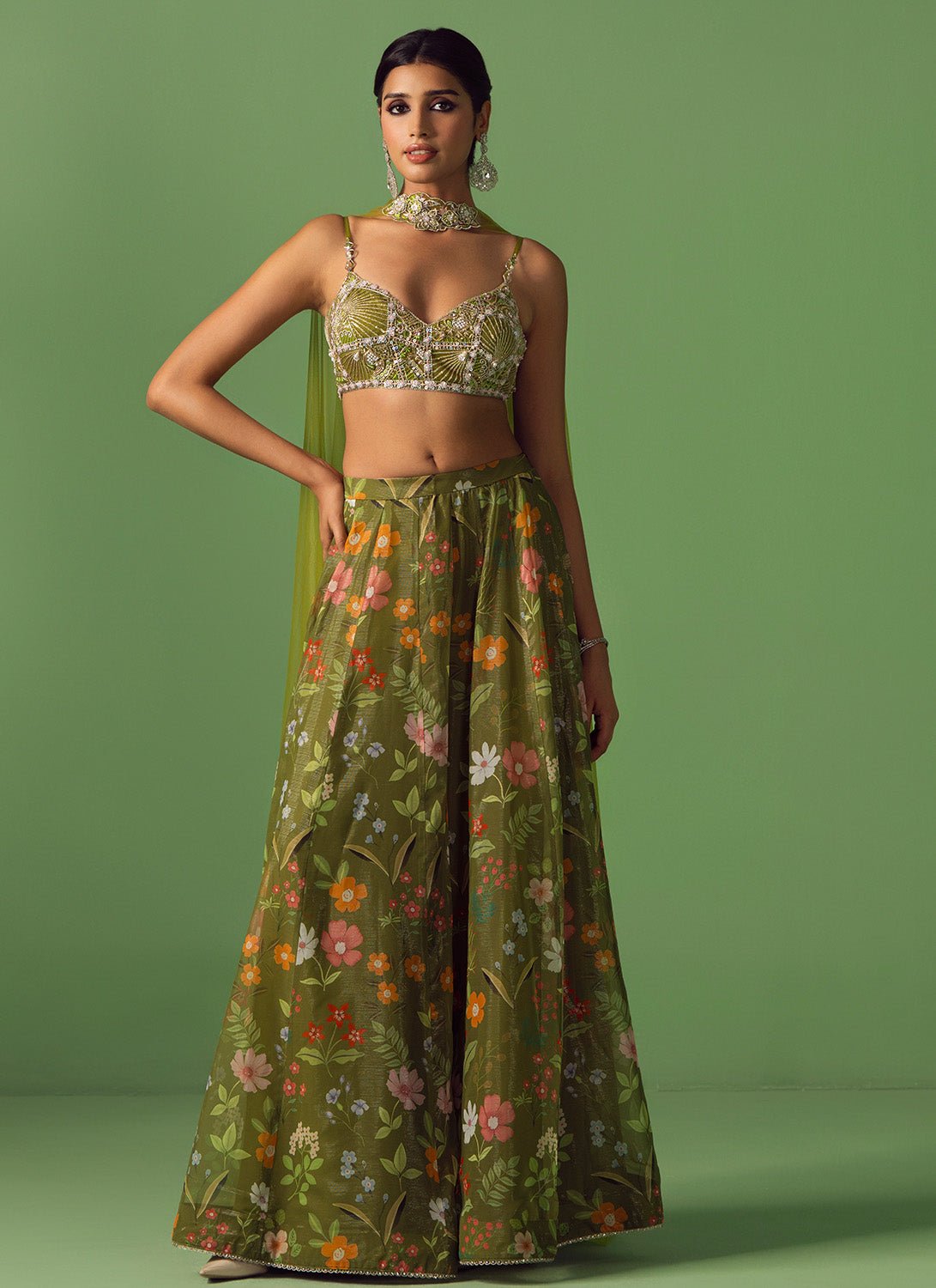 Olive Floral Printed Chiffon Pant Set - Lashkaraa
