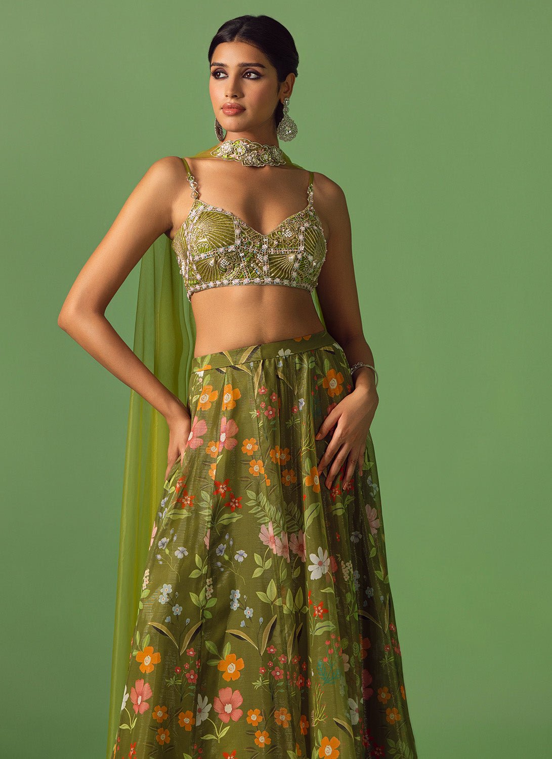 Olive Floral Printed Chiffon Pant Set - Lashkaraa