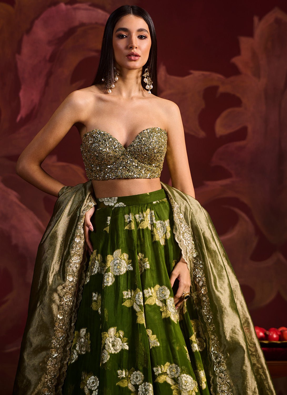 Olive Green Embroidered Brocade Lehenga - Lashkaraa