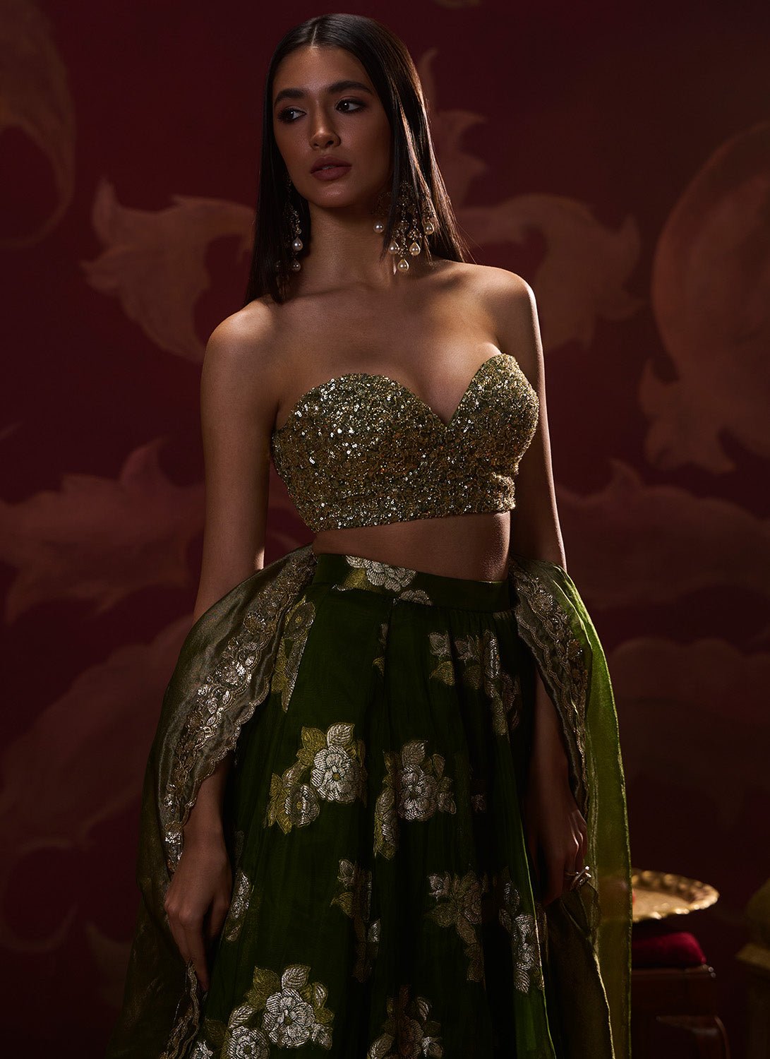 Olive Green Embroidered Brocade Lehenga - Lashkaraa