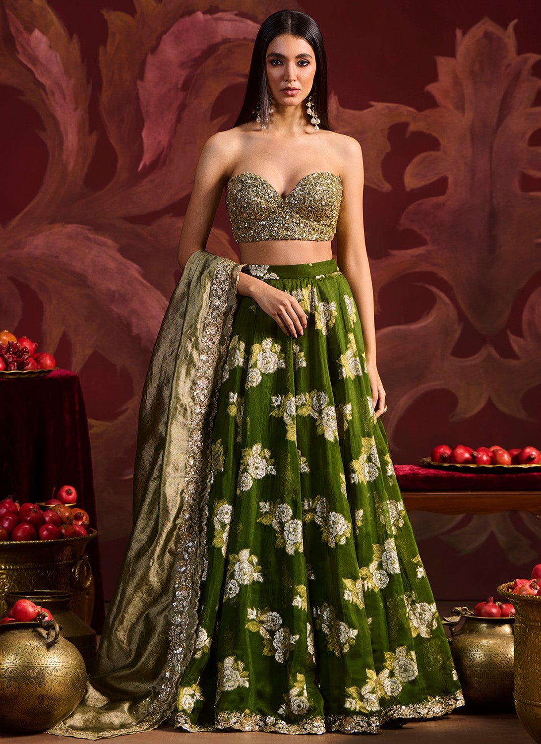 Olive Green Embroidered Brocade Lehenga - Lashkaraa