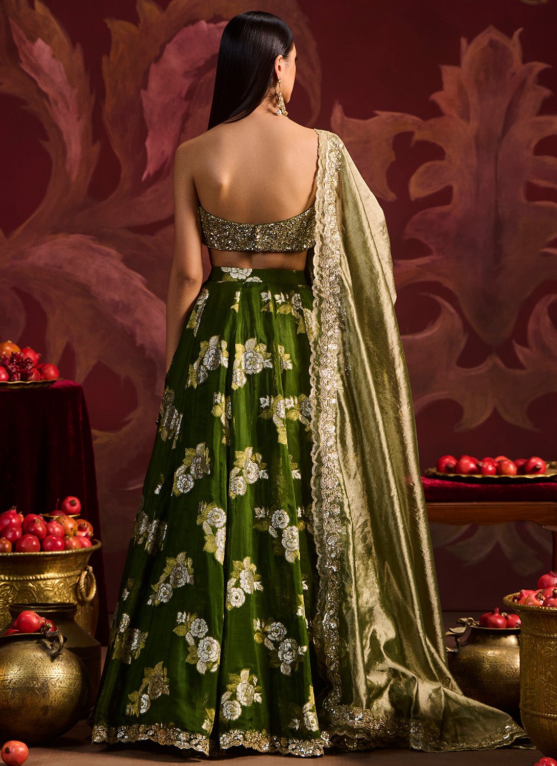 Olive Green Embroidered Brocade Lehenga - Lashkaraa