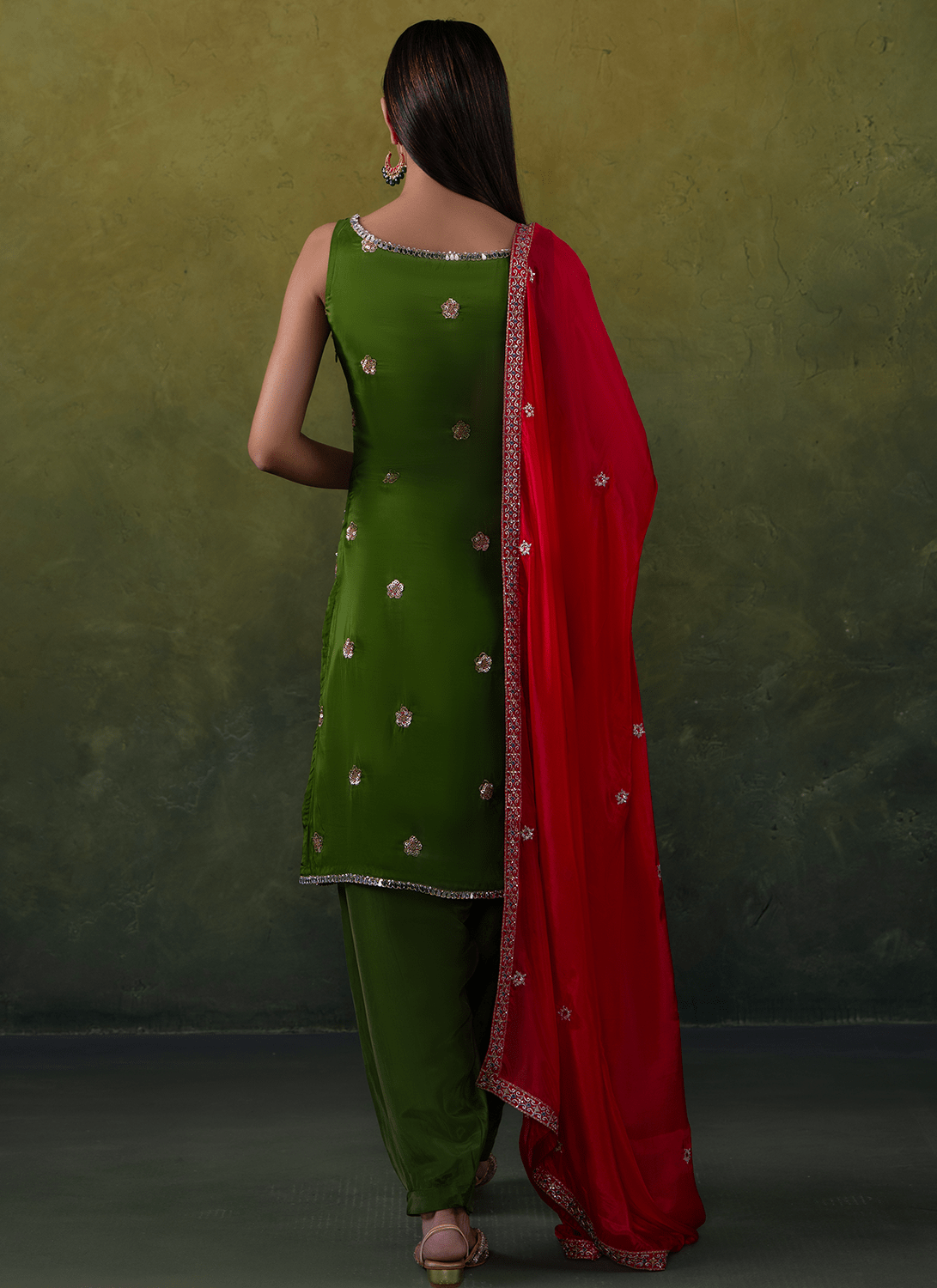 Olive Green Embroidered Silk Punjabi Suit - Lashkaraa