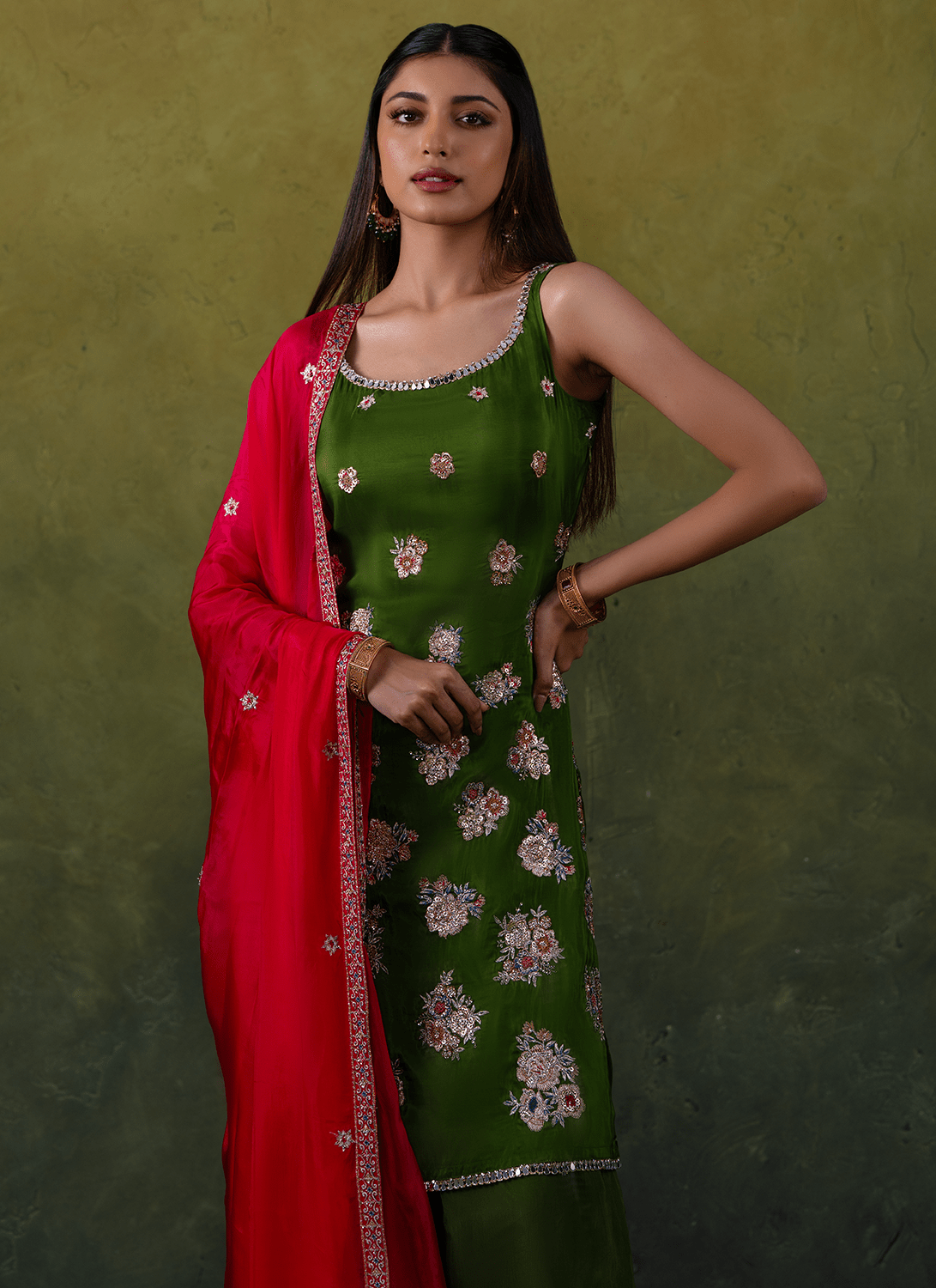 Olive Green Embroidered Silk Punjabi Suit - Lashkaraa
