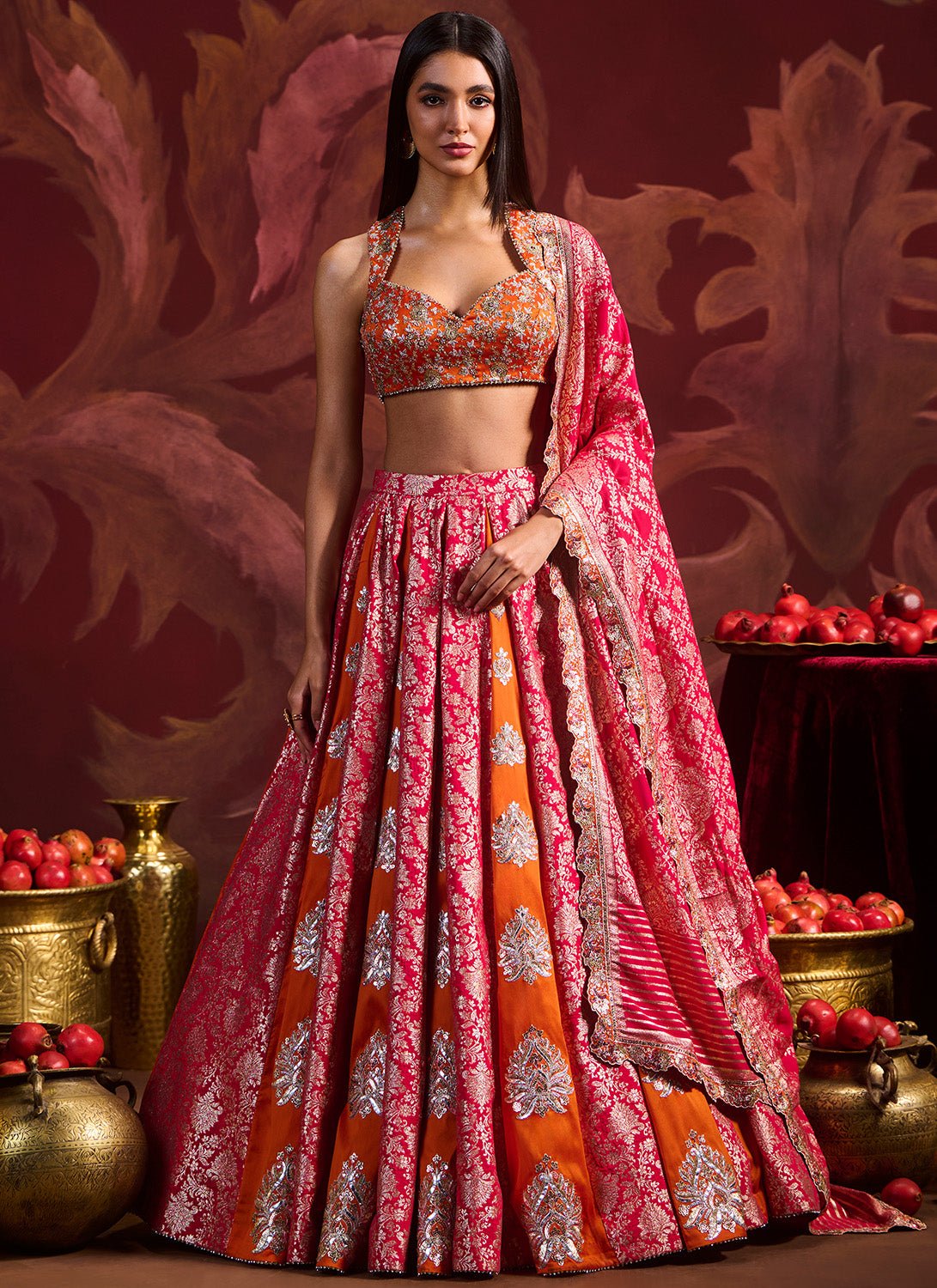 Orange and Pink Embroidered Brocade Lehenga - Lashkaraa