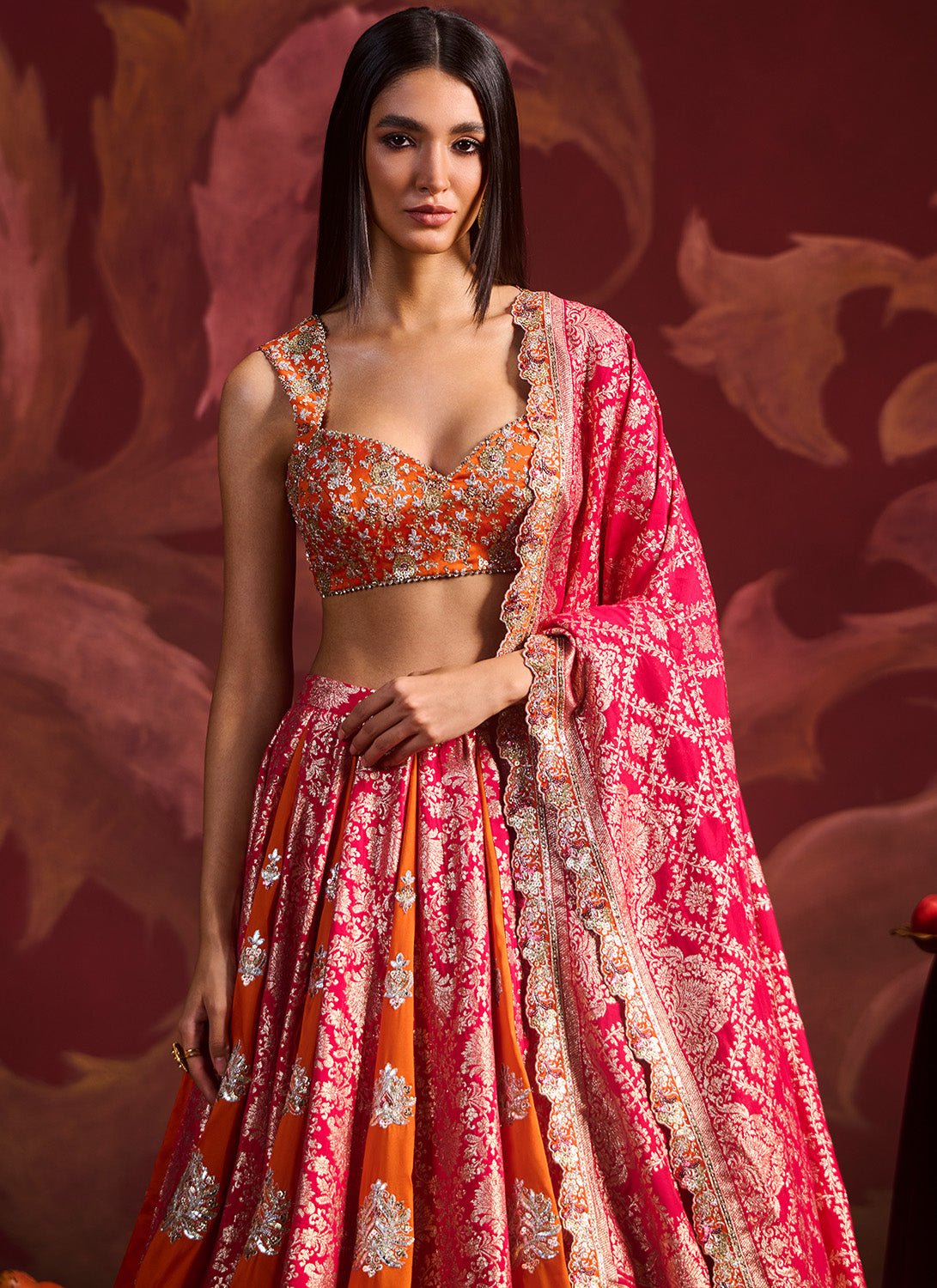 Orange and Pink Embroidered Brocade Lehenga - Lashkaraa