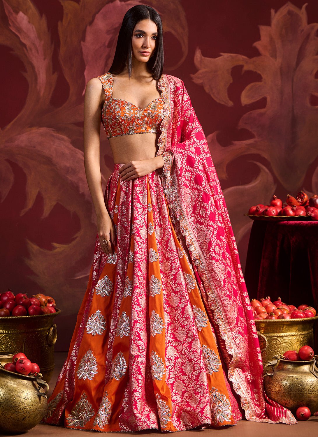 Orange and Pink Embroidered Brocade Lehenga - Lashkaraa