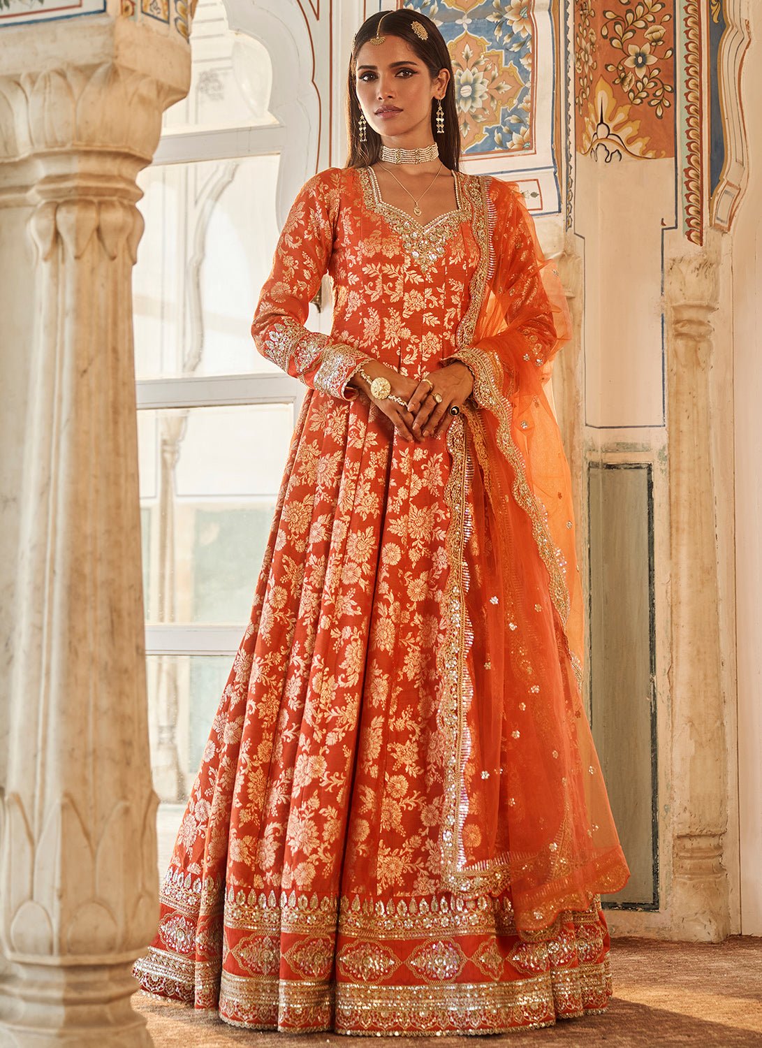 open lace back dress Orange EMBELLISHED ANARKALI LONG DRESS