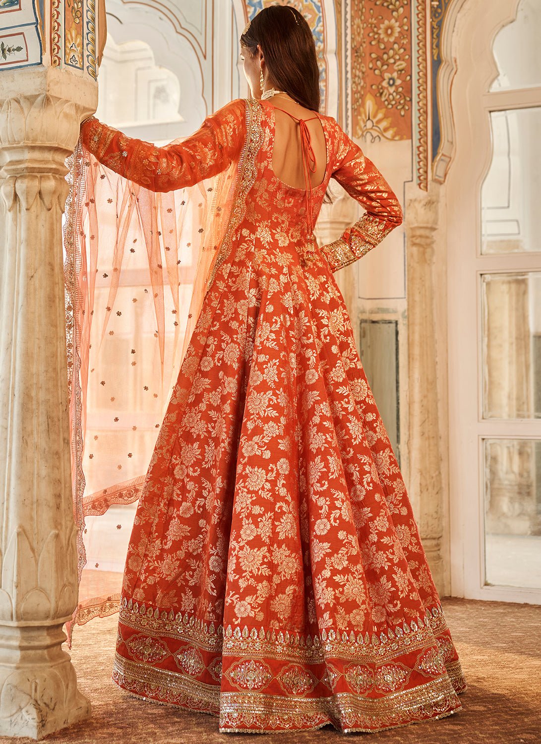 Orange Embroidered Brocade Anarkali - Lashkaraa