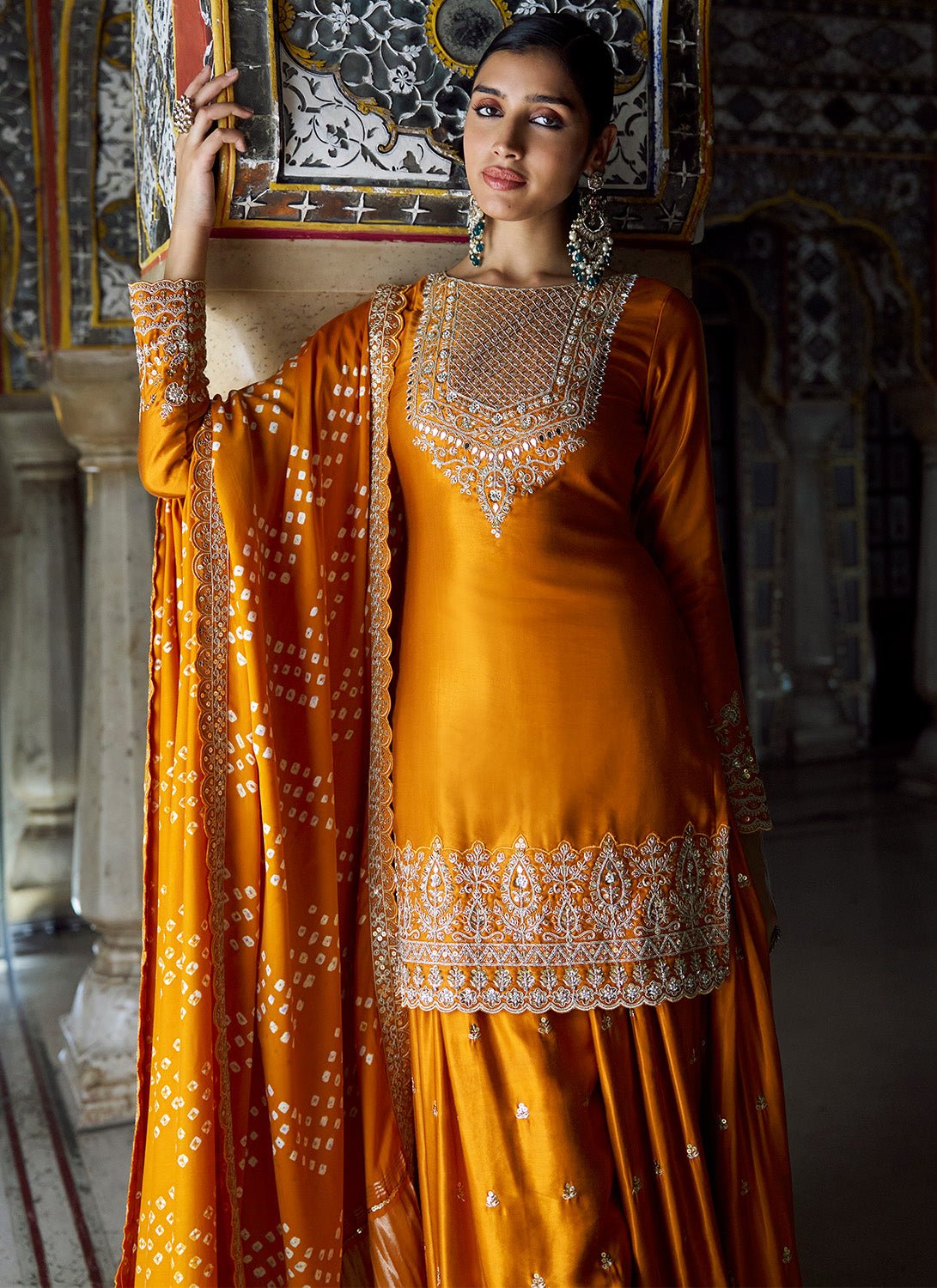 Orange Embroidered Pure Bandhani Sharara - Lashkaraa