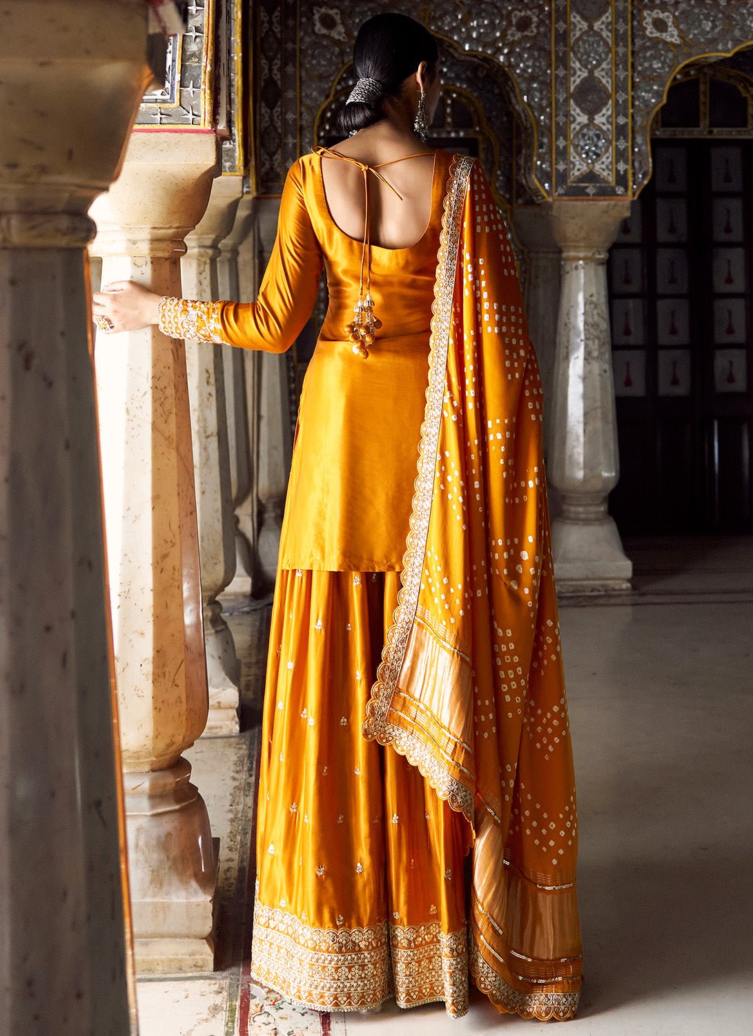 Orange Embroidered Pure Bandhani Sharara - Lashkaraa
