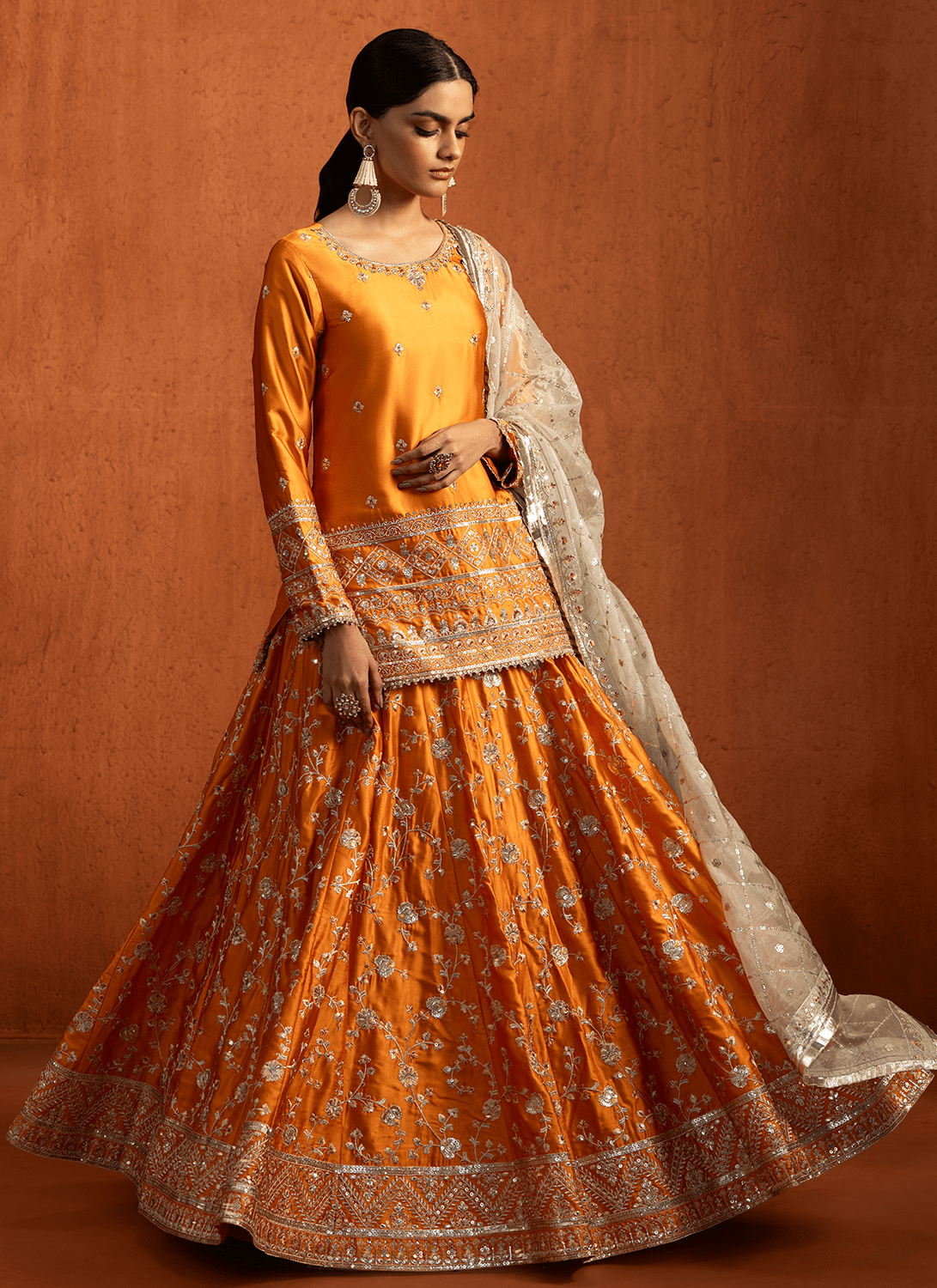 Orange Embroidered Silk Kurti Style Lehenga - Lashkaraa